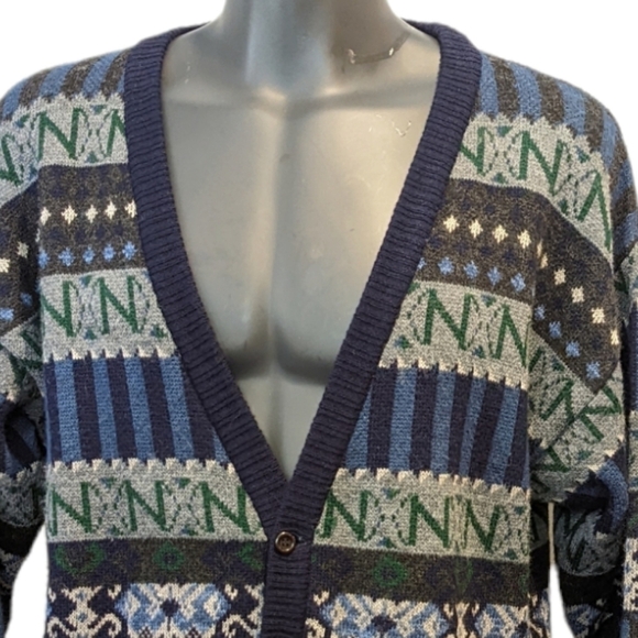 Vintage blue striped knit grampa cardigan large - Picture 1 of 5